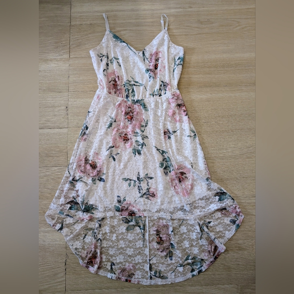 As U Wish Pink and White Floral Lace High Low Dress